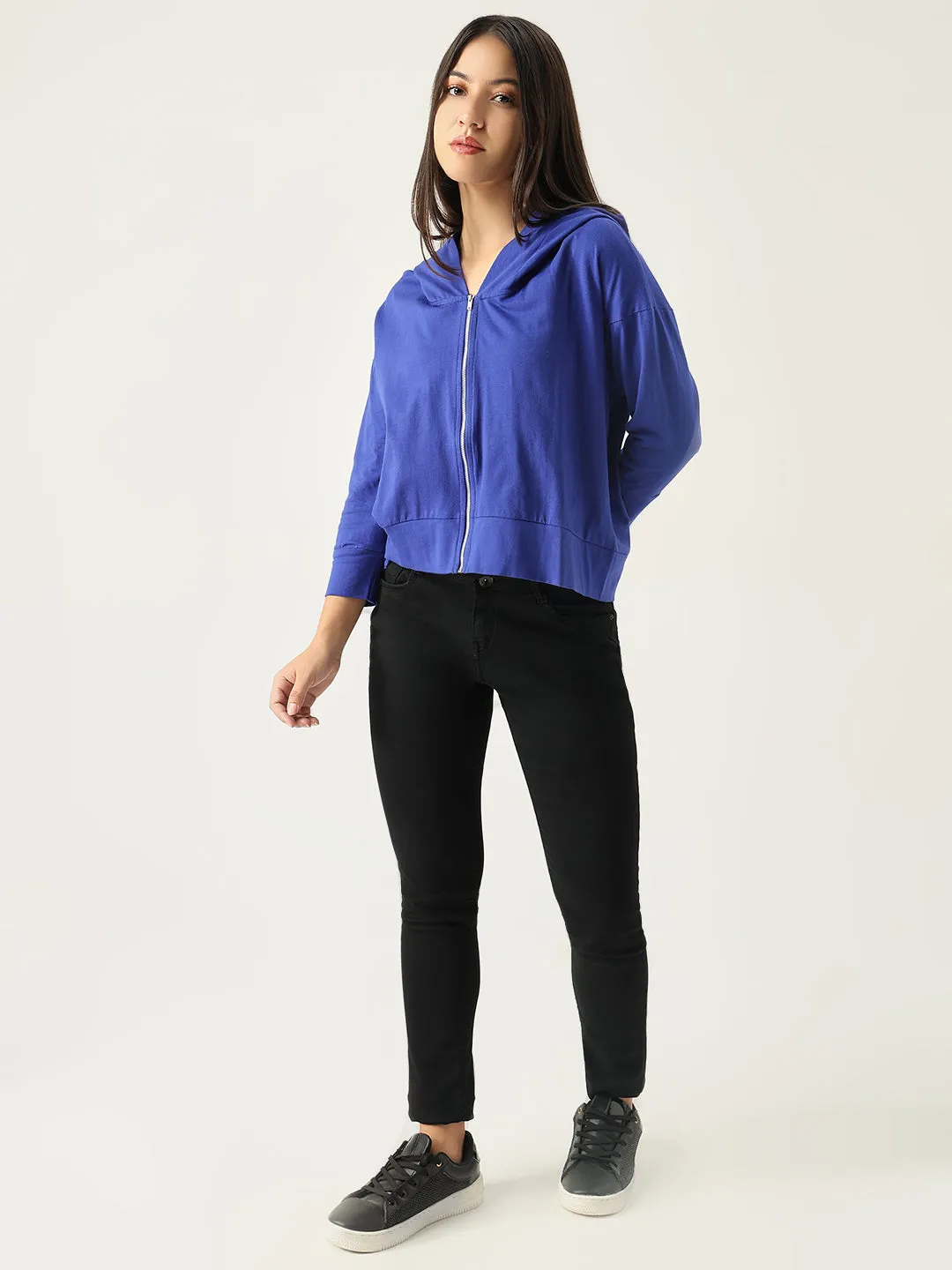 Women Blue Solid Hood Cotton Front-Open Sweatshirt