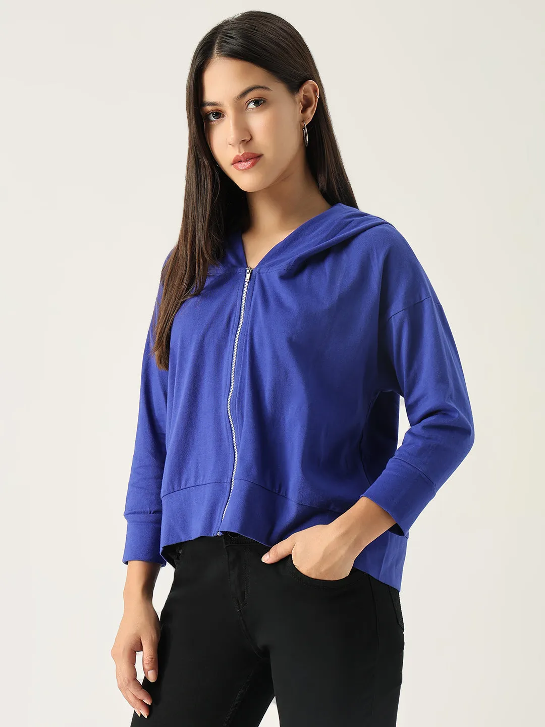 Women Blue Solid Hood Cotton Front-Open Sweatshirt
