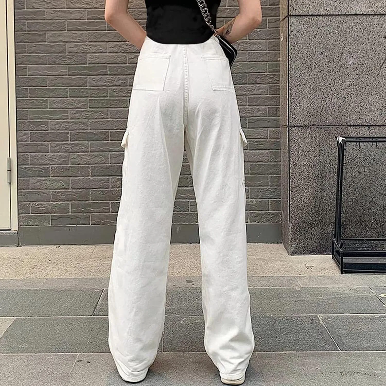 Womens Casual High Waisted Relaxe Fit Travel Wide Leg Parachute Pants with Pockets Trendy Trousers