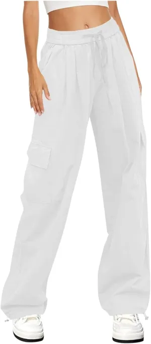 Womens Casual High Waisted Relaxe Fit Travel Wide Leg Parachute Pants with Pockets Trendy Trousers