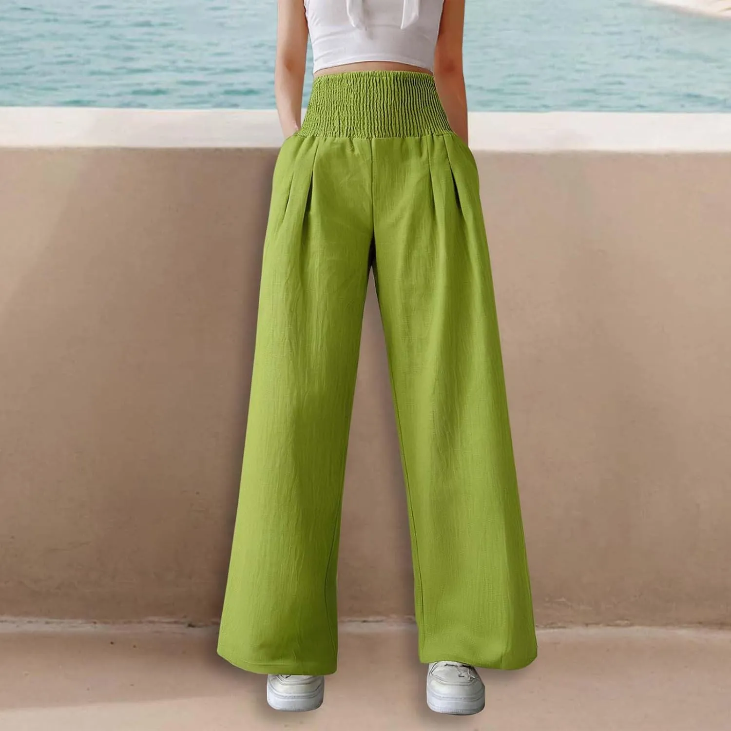 Women's Casual Wide Leg Pants Smocked High Waist Baggy Comfy Palazzo Pants Stretchy Loose-Fit Soft Flowy Trousers