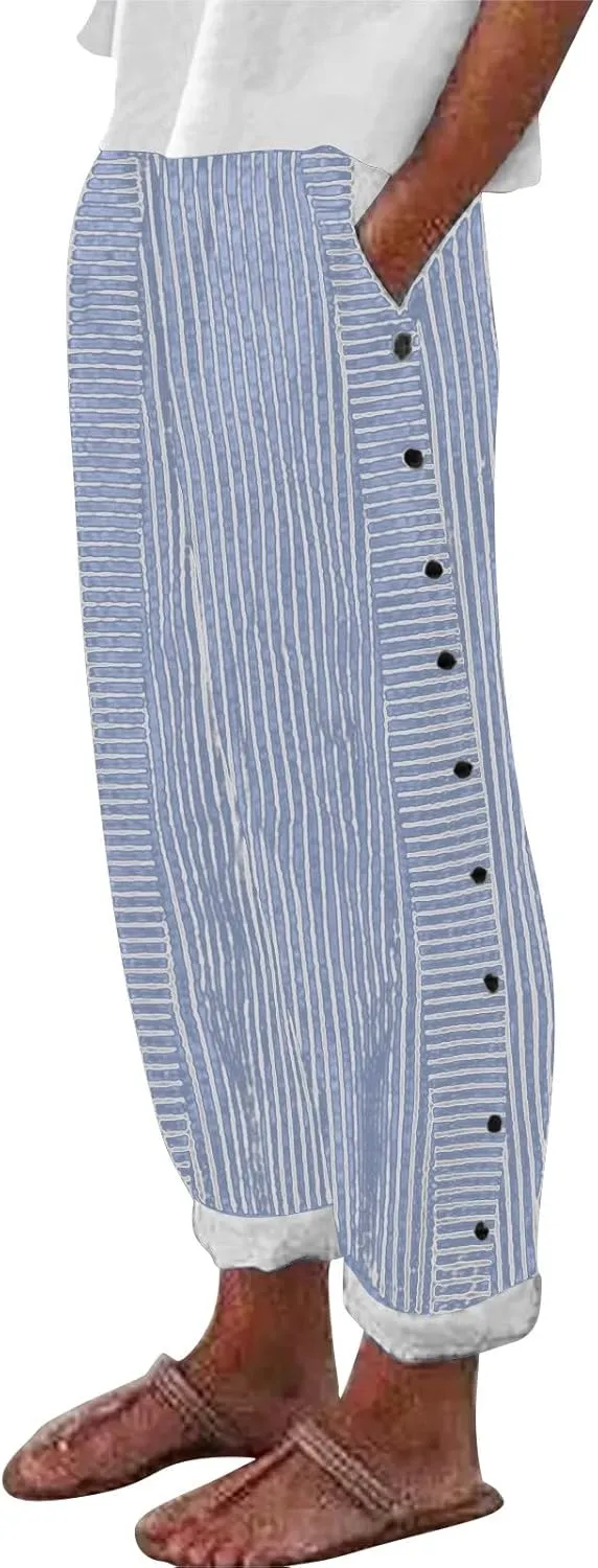 Womens Striped Linen Pants Casual High Waisted Wide Leg Cropped Pants Summer Beach Gauze Capri Trousers with Pockets