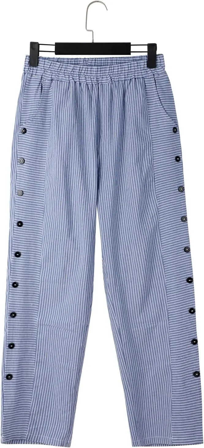 Womens Striped Linen Pants Casual High Waisted Wide Leg Cropped Pants Summer Beach Gauze Capri Trousers with Pockets