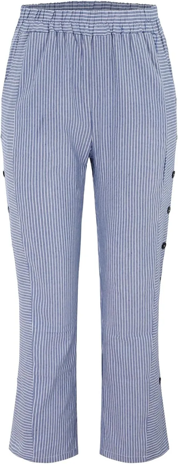 Womens Striped Linen Pants Casual High Waisted Wide Leg Cropped Pants Summer Beach Gauze Capri Trousers with Pockets