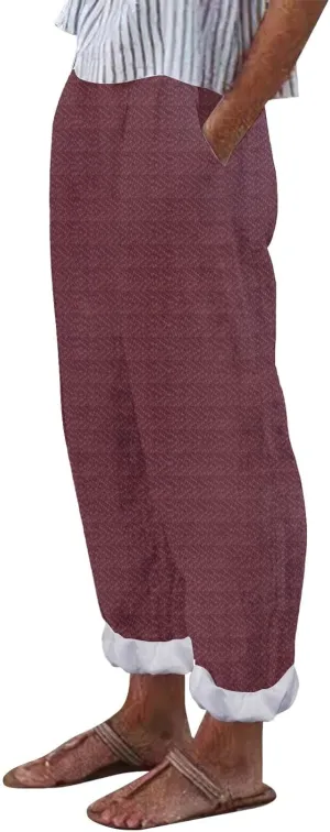 Womens Striped Linen Pants Casual High Waisted Wide Leg Cropped Pants Summer Beach Gauze Capri Trousers with Pockets
