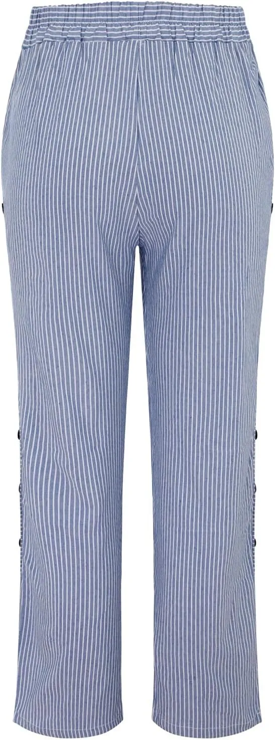 Womens Striped Linen Pants Casual High Waisted Wide Leg Cropped Pants Summer Beach Gauze Capri Trousers with Pockets