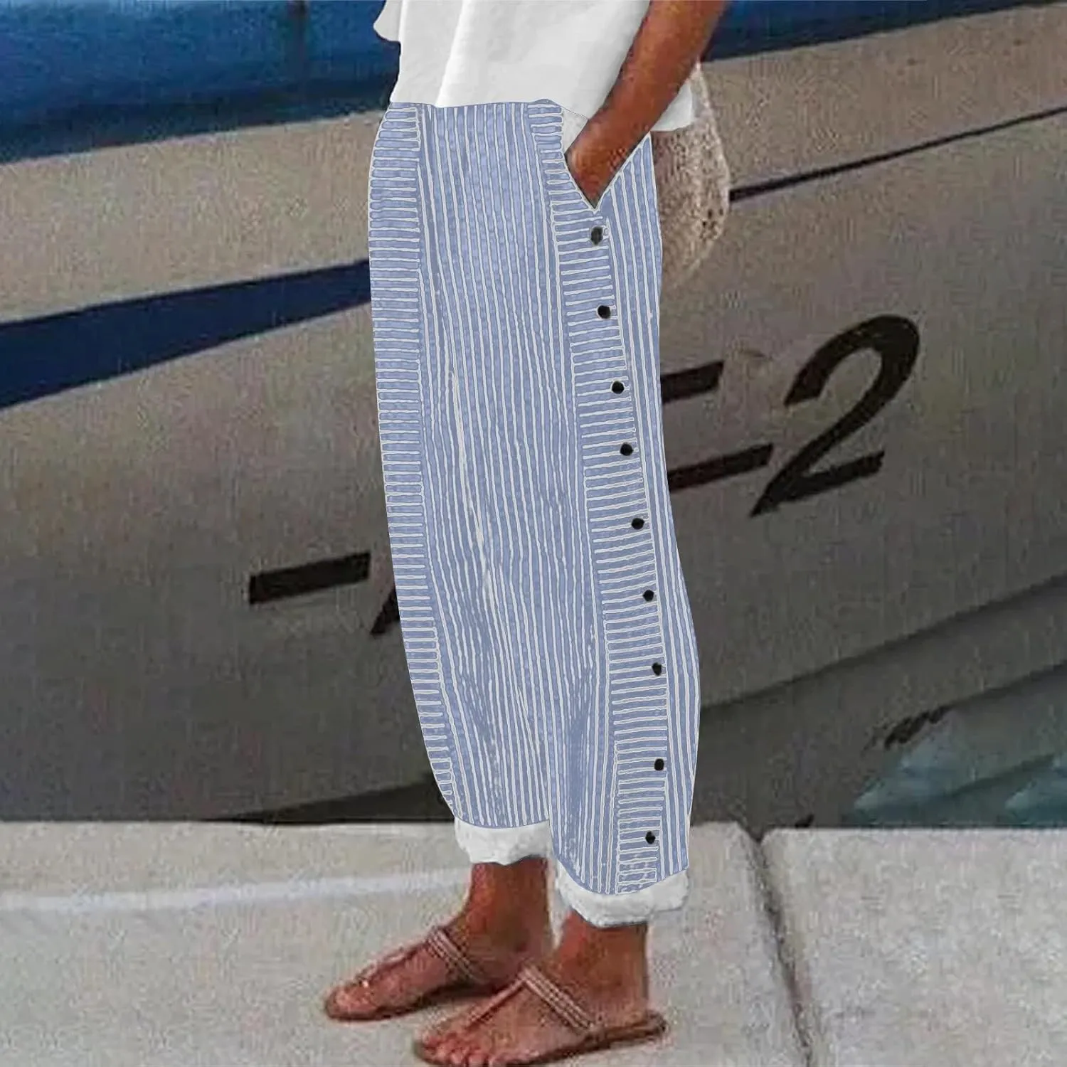 Womens Striped Linen Pants Casual High Waisted Wide Leg Cropped Pants Summer Beach Gauze Capri Trousers with Pockets